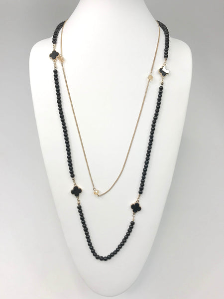 Black Beaded Necklace With Gold Plated Chain