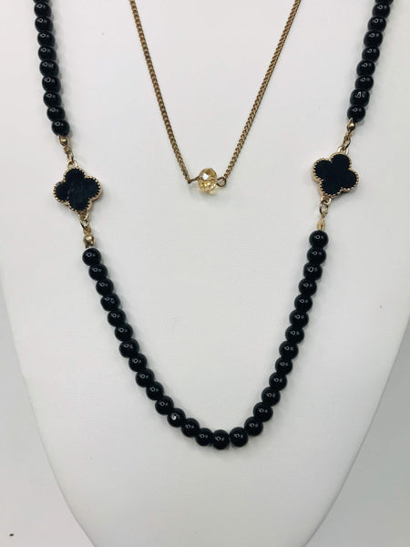 Black Beaded Necklace With Gold Plated Chain