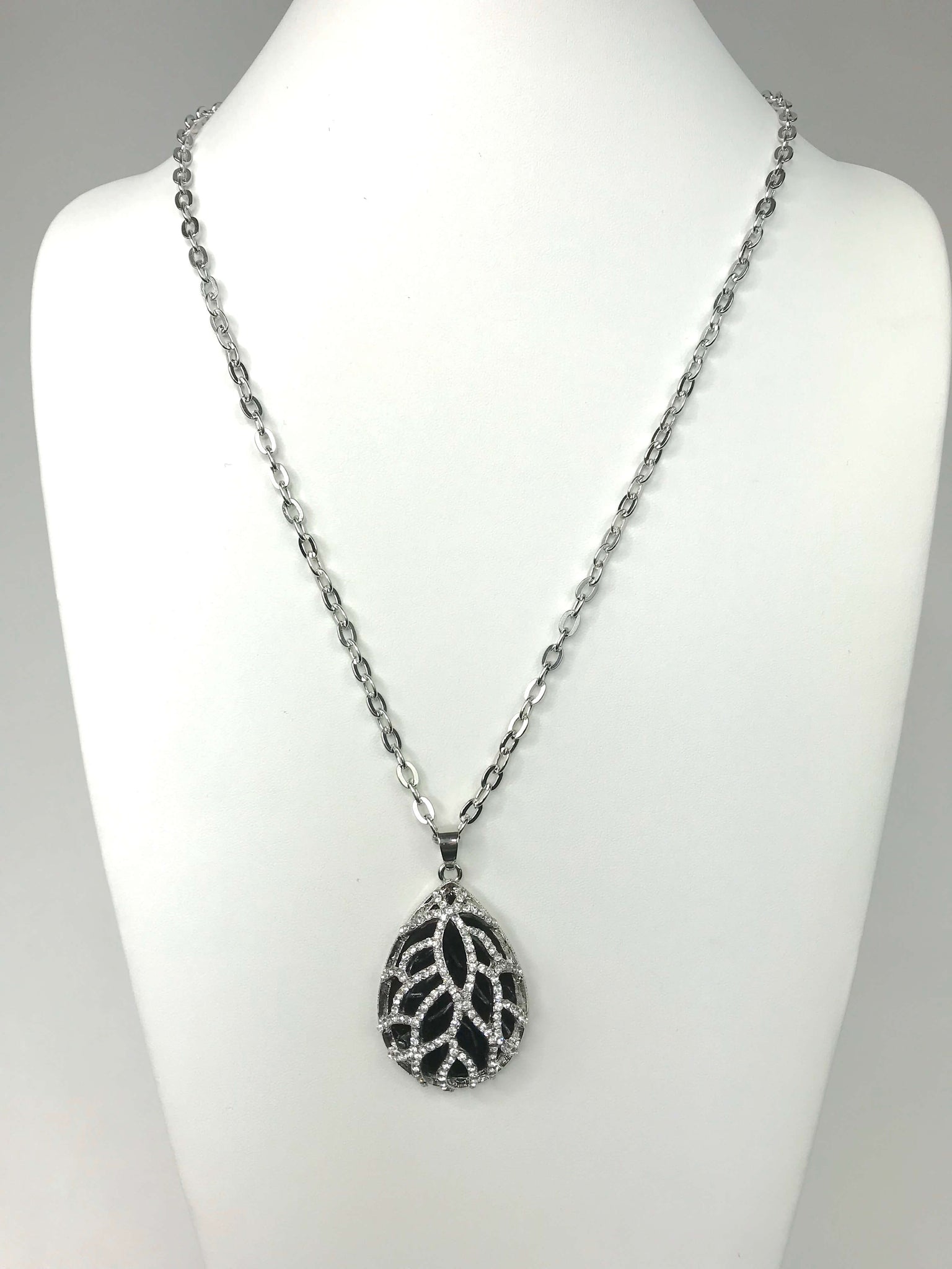 Silver Necklace With Black Stone Pendant