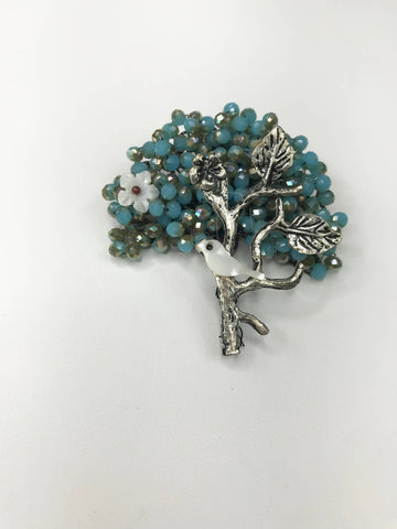 Bird on Tree Broche - Blue