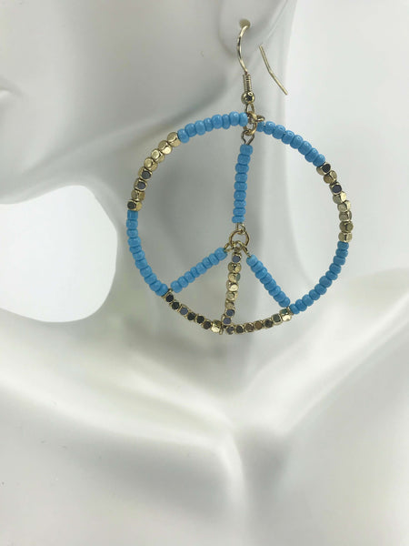 Beaded Peace Sign Earrings - Blue and Gold - TARU Clothing