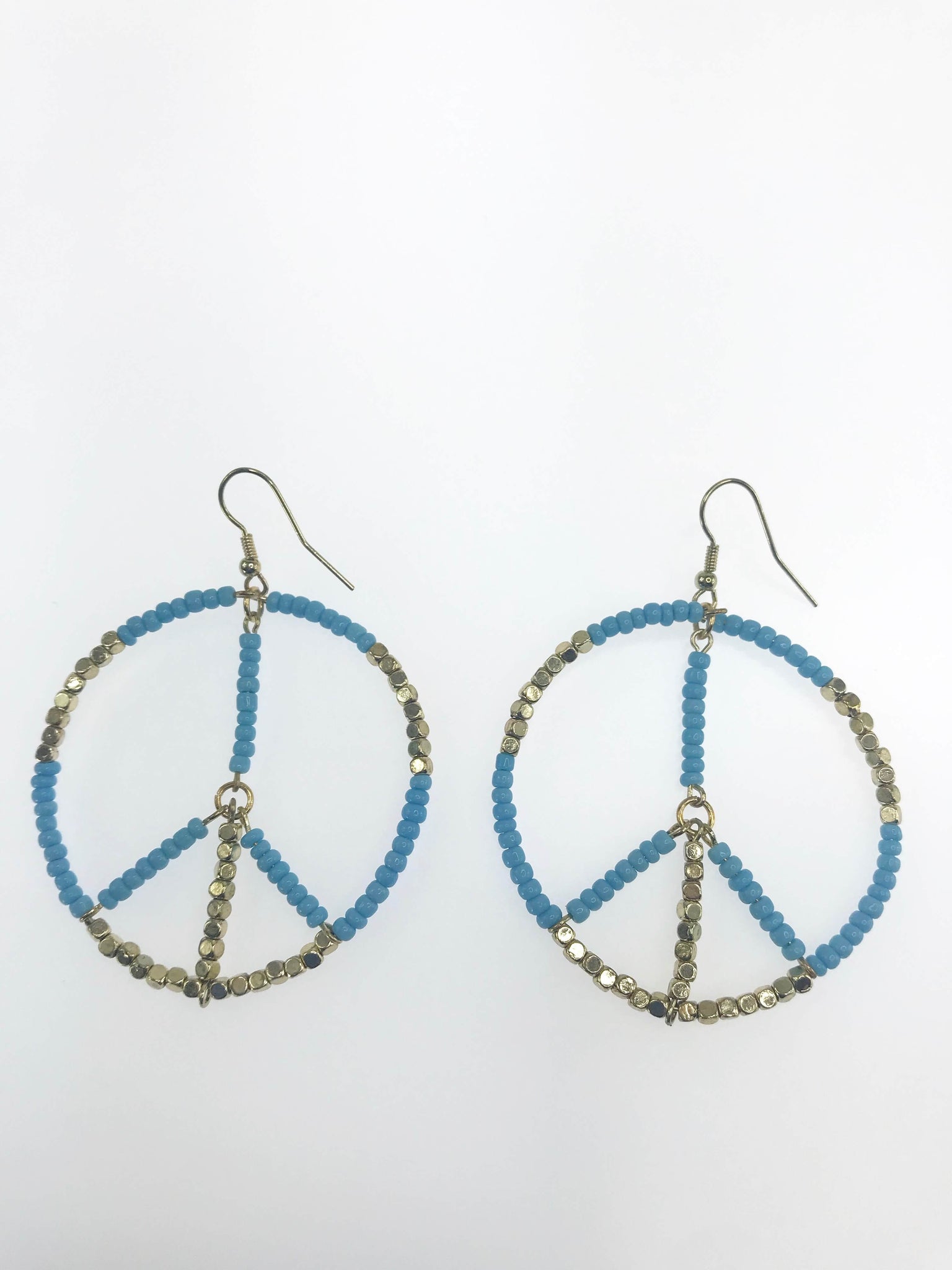 Beaded Peace Sign Earrings - Blue and Gold - TARU Clothing