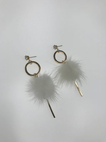 Fur Ball Earrings With Gold Tail - White