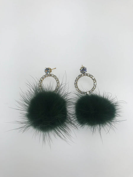 Fur Ball Earrings - Dark Green