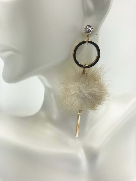 Fur Ball With Gold Tail Earrings - Beige