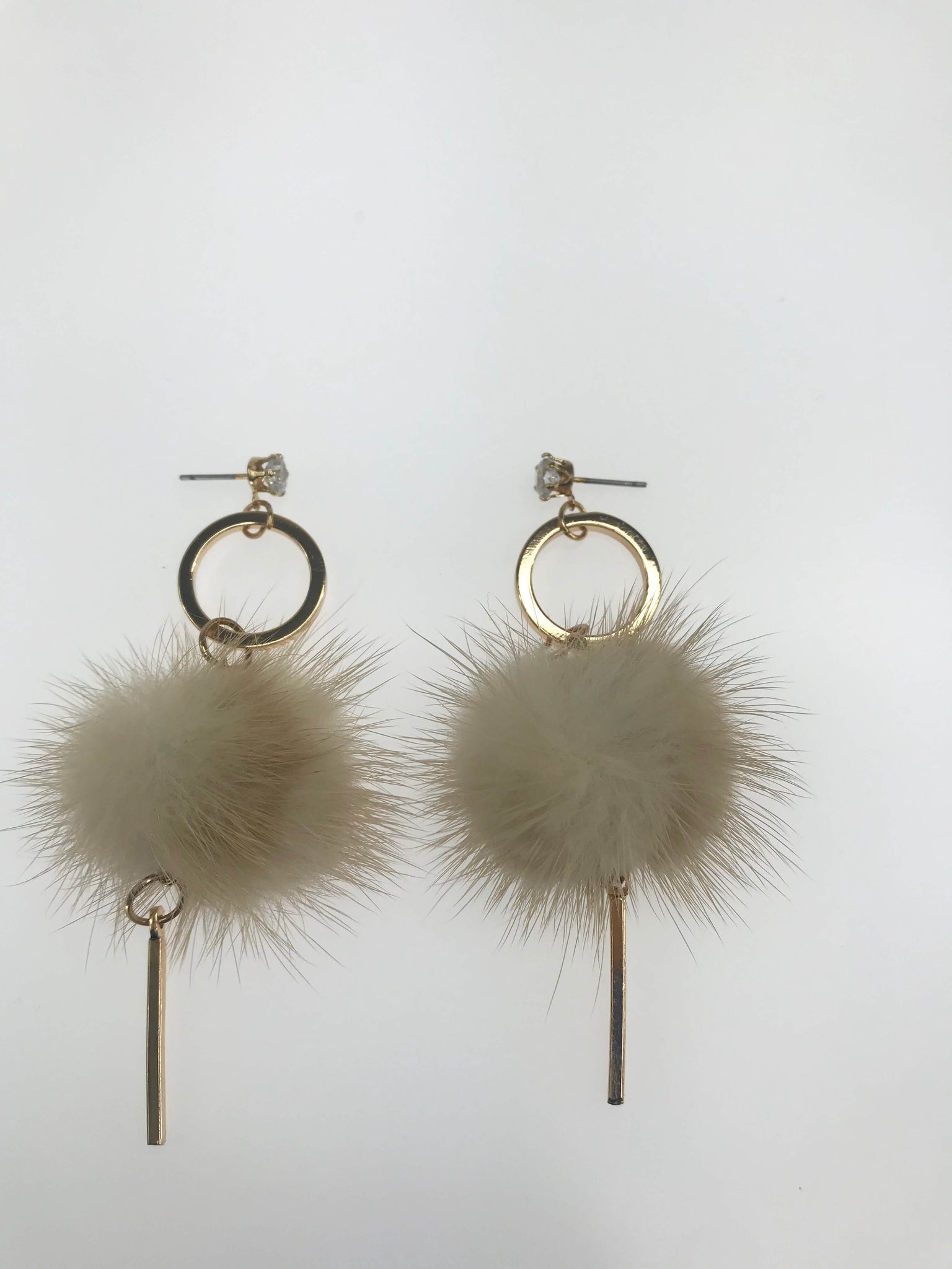Fur Ball With Gold Tail Earrings - Beige