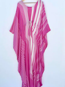 Kaftan - Pink and white stripes - Satin - XL - Front string tie - TARU Clothing