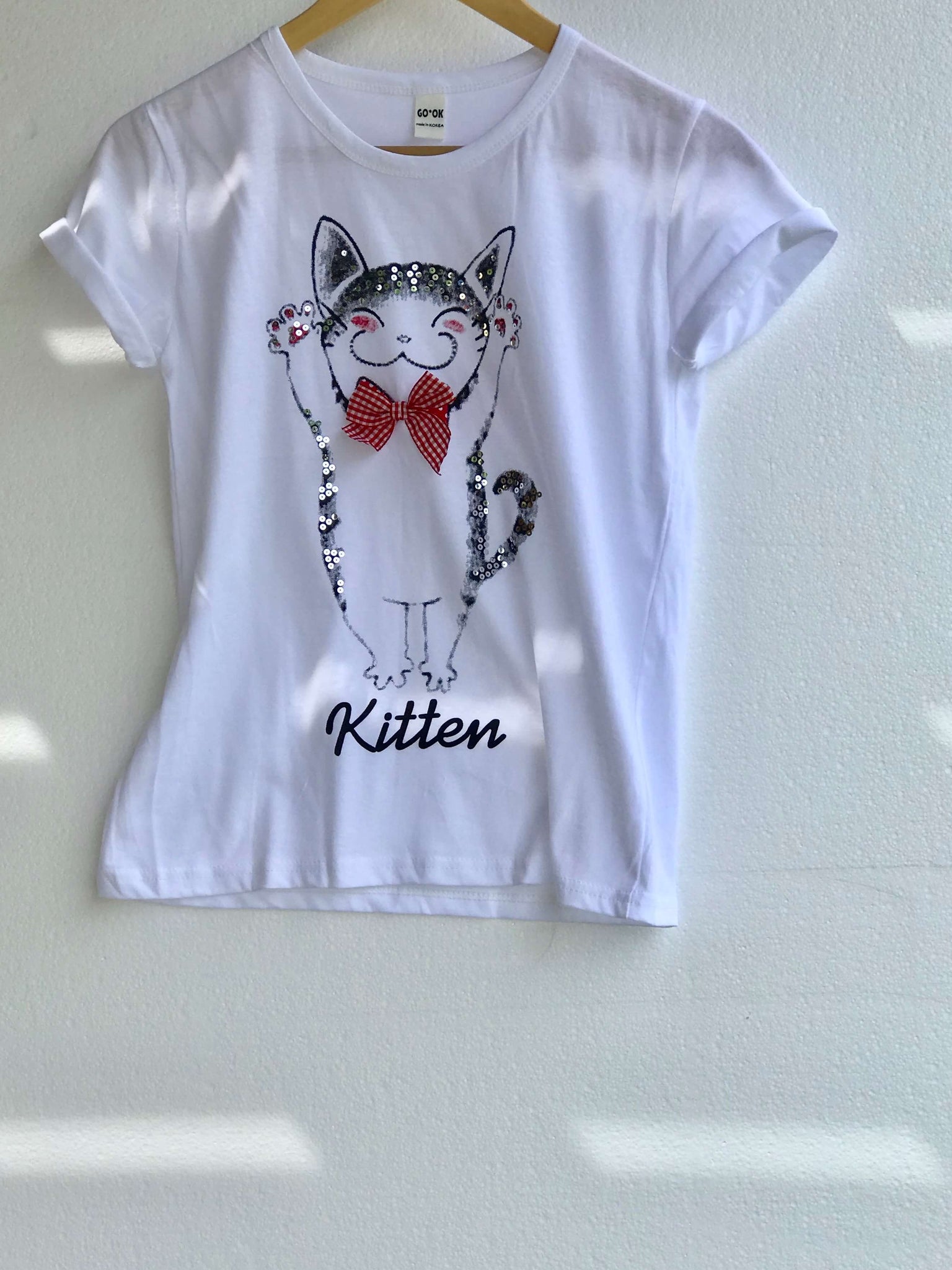 Happy Kitten T-Shirt with sequins and bow tie - Small - Cotton - TARU Clothing