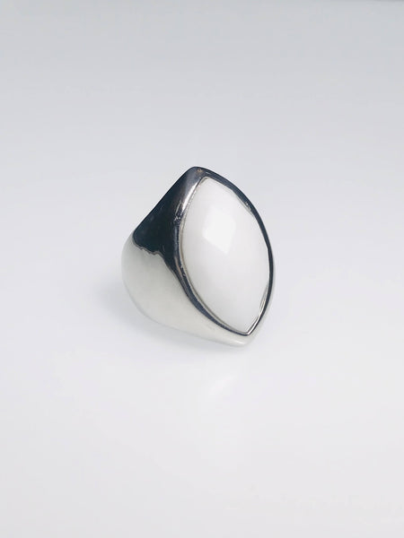 Lunar Luxe Sterling Signet Ring with a marquise-shaped stone in polished silver, available in classic white or bold black